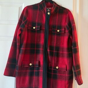 Anne Klein Red Black‎ Buffalo Plaid Military Utility Coat Jacket Gold Buttons M